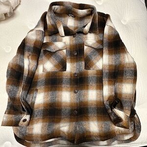 Plaid Button-Front Shacket in Brown and Cream